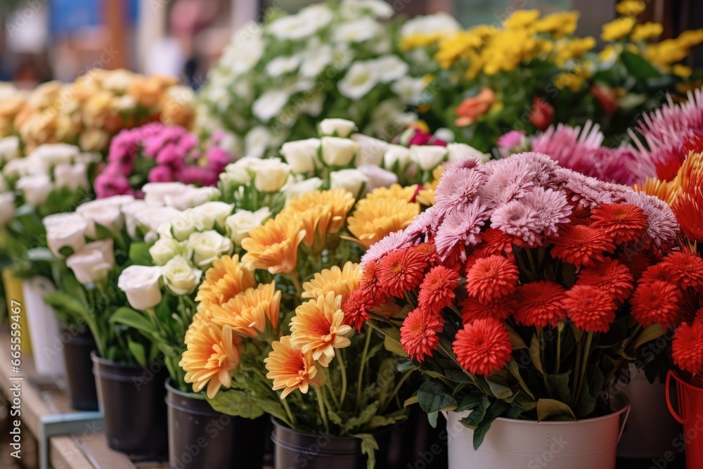 Poster a bunch of flowers sitting on a shelf. this image can be used to add a touch of nature and beauty to