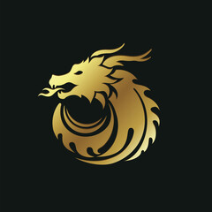 Dragon logo design abstract in gold and black color - for business logo or fantasy game application icon