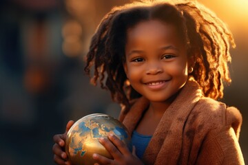 A young girl holding a globe in her hands. This image can be used to represent curiosity, education, and global awareness. - obrazy, fototapety, plakaty