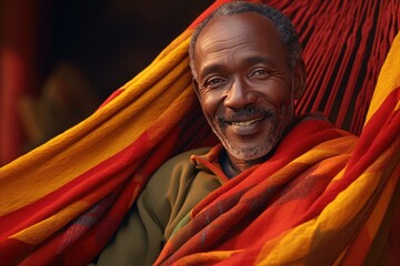 A man is seen sitting comfortably in a hammock, covered with a cozy blanket. This image can be used to depict relaxation, leisure, or enjoying a peaceful outdoor setting. - obrazy, fototapety, plakaty