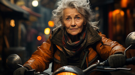 Obraz premium Old woman on her motorbike.