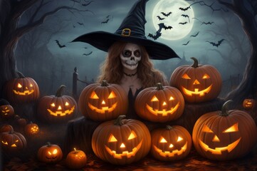 halloween background with pumpkin and bats