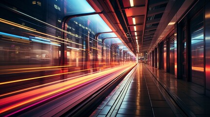 Fototapeta na wymiar A dynamic long exposure of sleek, high - speed trains with neon accents racing through a futuristic metropolis at night