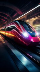 Fototapeta premium A dynamic long exposure of sleek, high - speed trains with neon accents racing through a futuristic metropolis at night