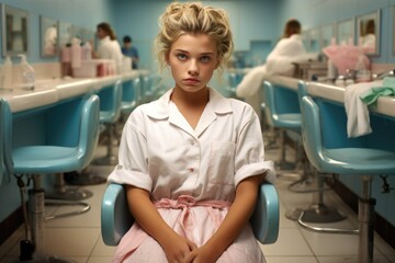 Obraz premium A woman is shown sitting in a chair at a hair salon. This image can be used to depict a typical hair salon experience