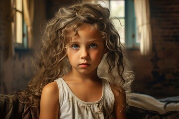 Fototapeta premium A young girl sitting on top of a bed. Perfect for illustrating childhood, relaxation, or bedroom themes