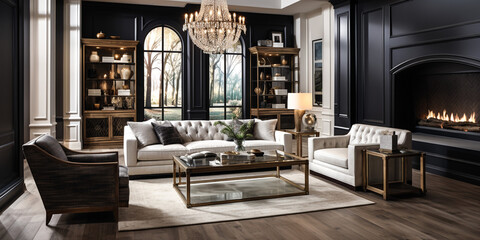 Elegance Personified: A Glamorous, Opulent Living Room A Lavish and Opulent Living Room Interior exuding Glamorous Style, adorned with Sophisticated Décor, Plush Velvet Furniture, and a Dazzling Chand