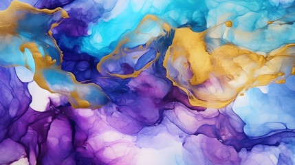 Vibrant Alcohol Ink Art Abstract. Stunning abstract alcohol ink painting with vibrant blends of blue, purple, and gold, perfect for creative backgrounds, modern art projects, and decorative designs.