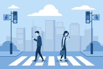 Pedestrians Crossing the Road on Traffic Light Website Landing Page, Businessman with Smartphone, Man and Woman with Shopping Bags on City Web Page. Flat Cartoon Vector Illustration