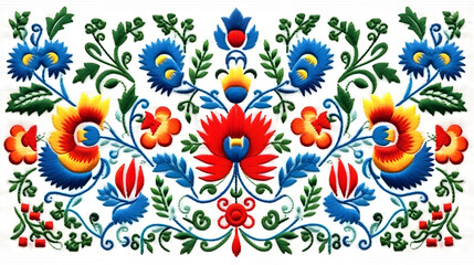 satin stitch embroidery flowers blue pink green ethnic - obrazy, fototapety, plakaty