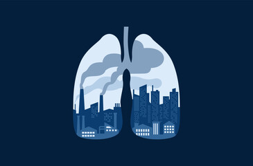 Air pollution from factory chimneys,  smoke inside abstract human lungs vector illustration. Cartoon industrial city landscape, environmental problem concept vector illustration