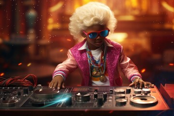 DJ playing in a wig and sunglasses