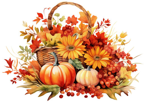 Autumn Basket of Food and Flowers Watercolor Clipart for Decorating Thanksgiving Cards and Invitations, Isolated on White or Transparent Background, PNG