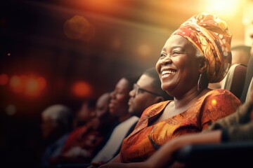 Woman Smiling in Auditorium - obrazy, fototapety, plakaty