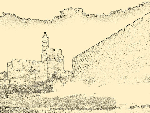 Israel. Jerusalem. Old city. The Tower of David. drawing of a pencil on yellow paper