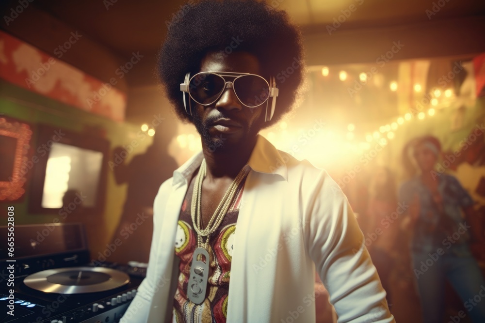 Aufkleber Man with Sunglasses and Tie in Front of Record Player