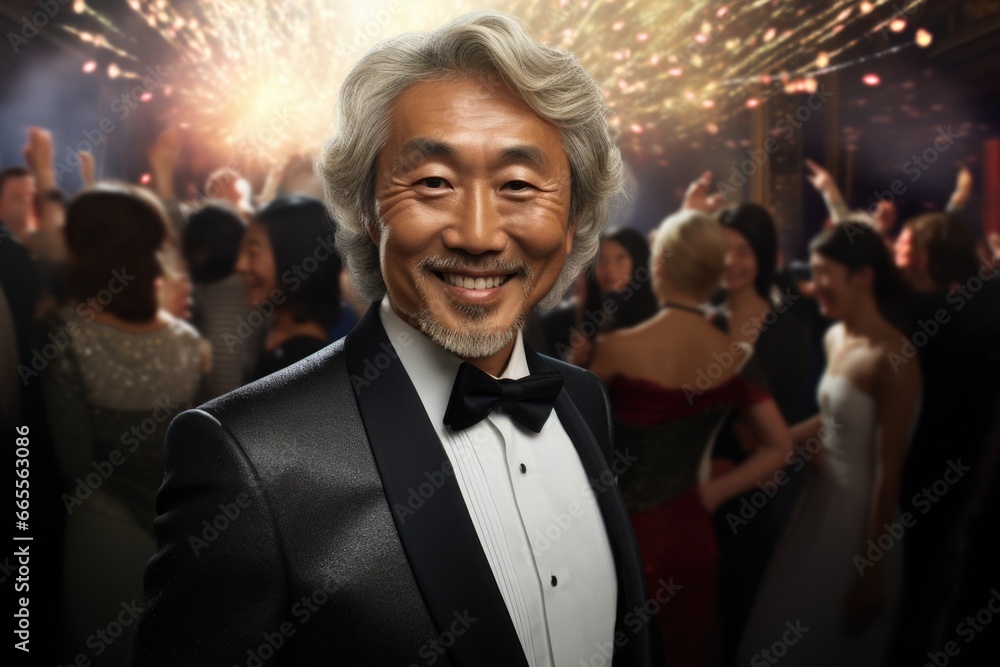 Poster Man in Tuxedo in Front of Crowd