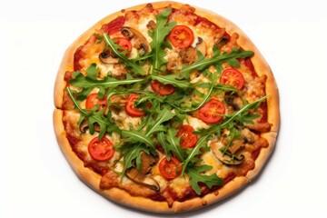 Tasty pizza with vegetables and arugula salad. Snack dinner meal fresh food. Generate Ai
