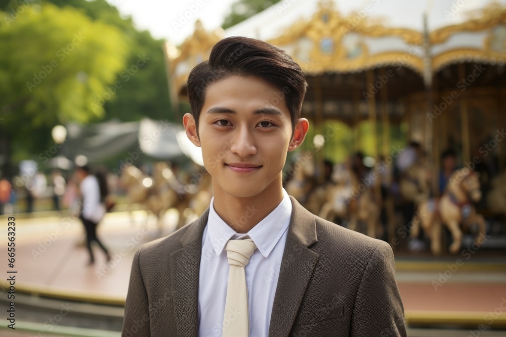 Poster Man in Suit Standing in Front of Carousel