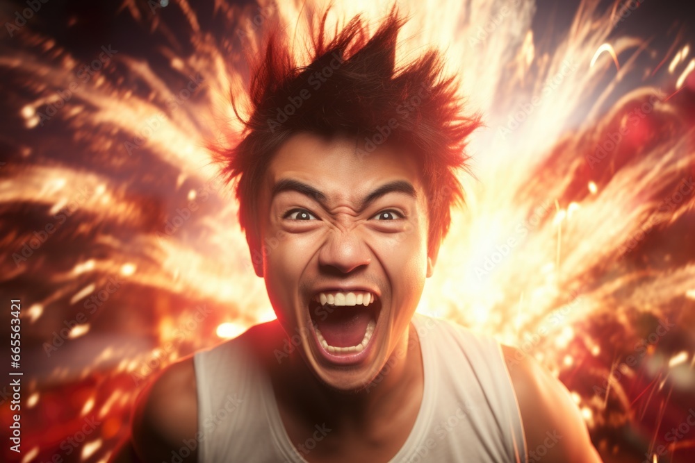 Poster man with open mouth and fireworks