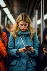 A young woman travels on public transport and is completely enraptured by the screen of his smartphone