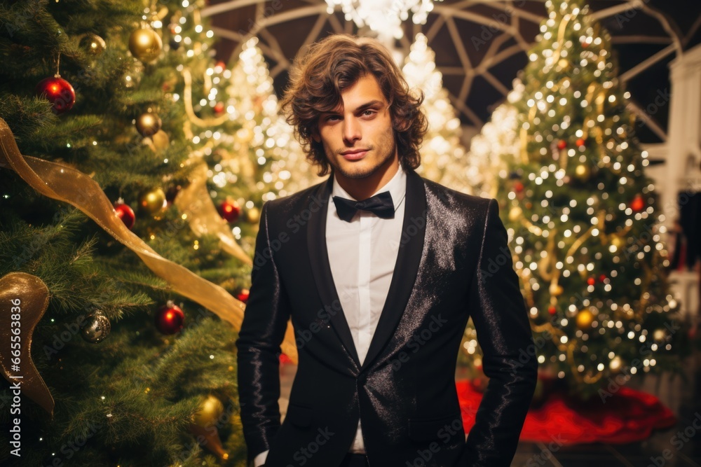 Poster Man in Tuxedo Standing in Front of Christmas Tree