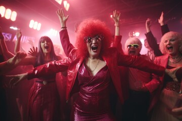 Group of People Dancing in Red Outfits - obrazy, fototapety, plakaty
