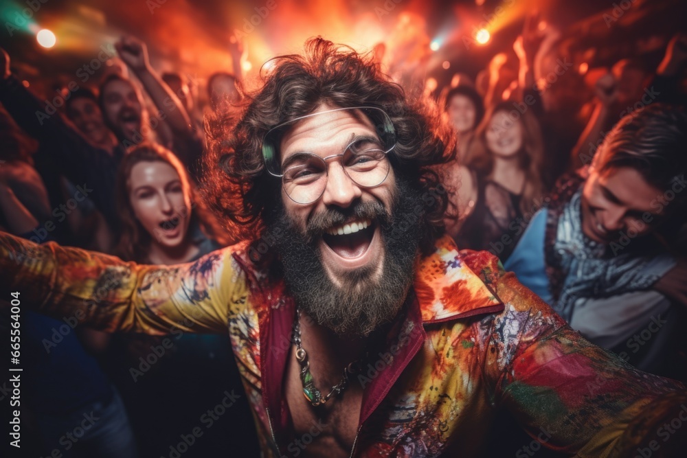 Poster bearded man with glasses in front of a crowd