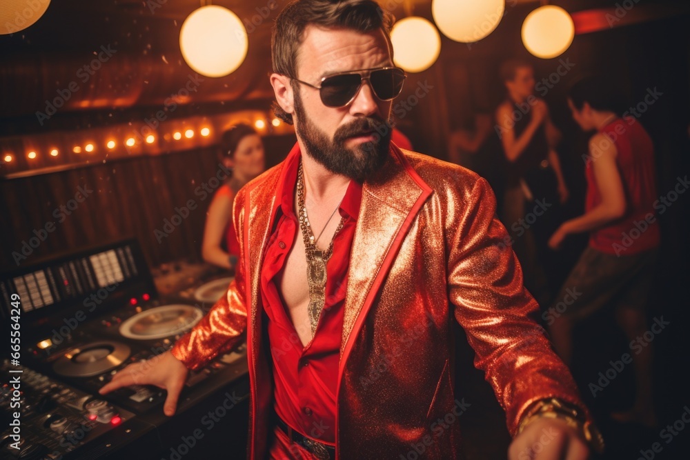 Poster man in red suit and sunglasses in front of dj