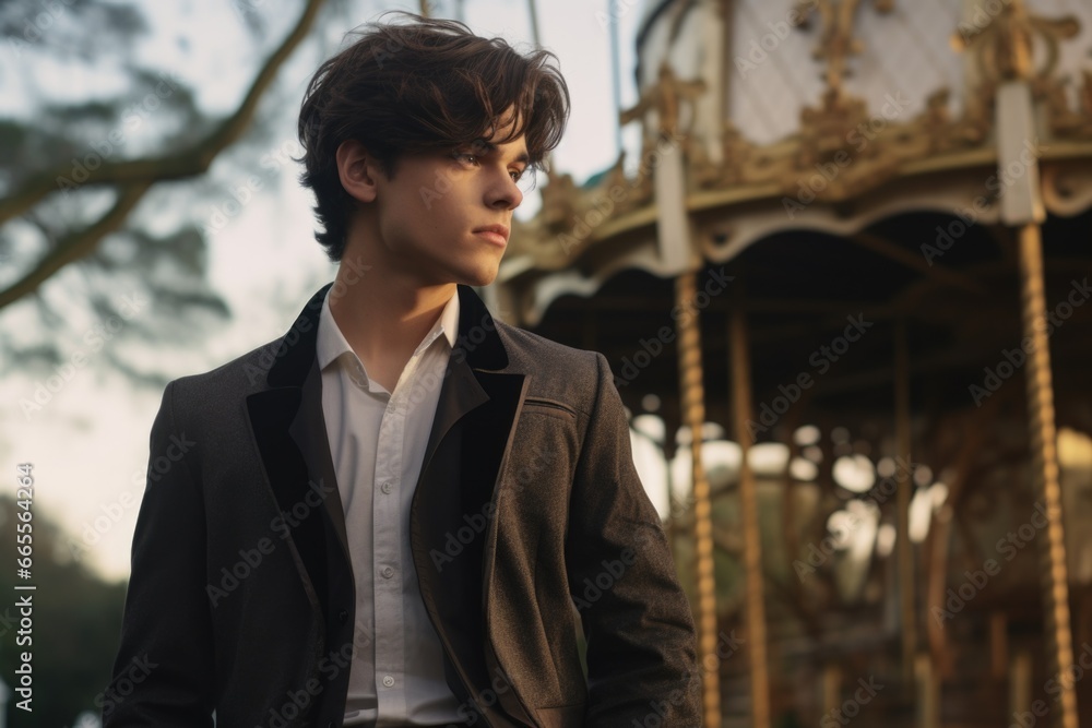 Poster young man standing in front of carousel
