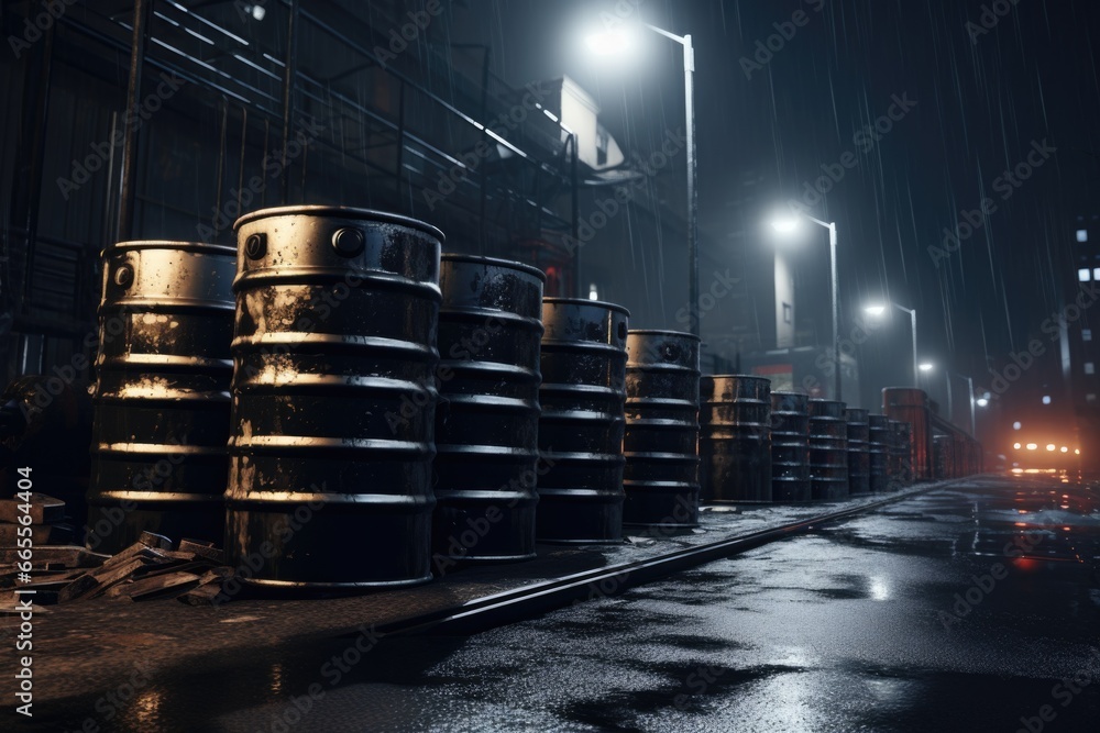 Poster A collection of barrels placed along the side of a road. This image can be used to represent storage, transportation, or construction.