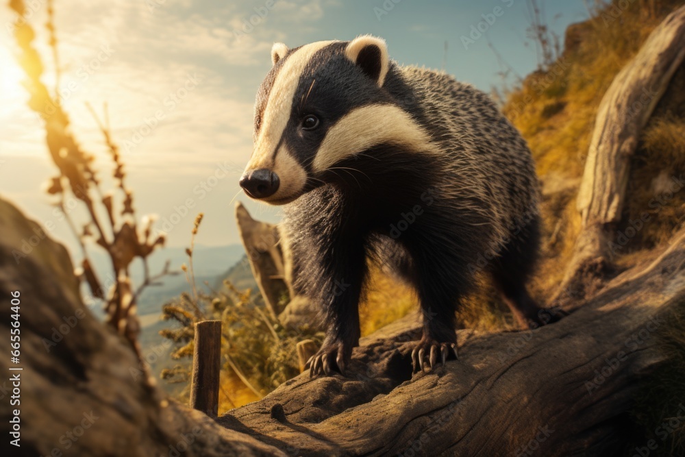 Poster a close-up photograph of a badger perched on a log. this image can be used to illustrate wildlife, a