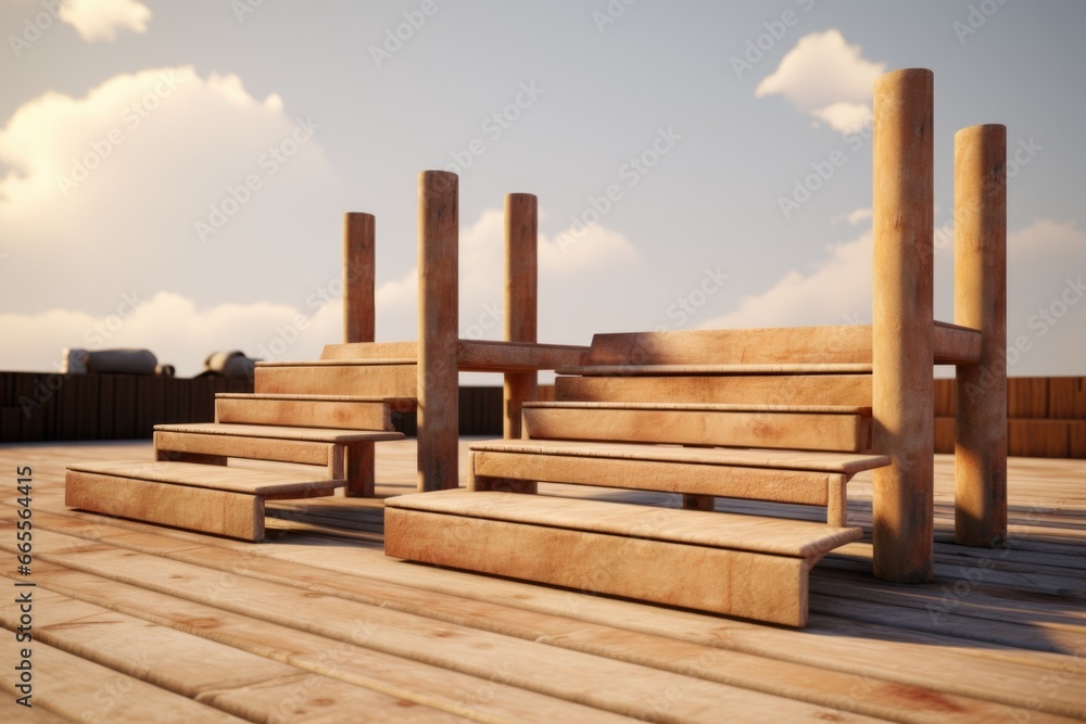 Poster A group of wooden benches placed on top of a wooden floor. This versatile image can be used to depict seating arrangements in various settings.