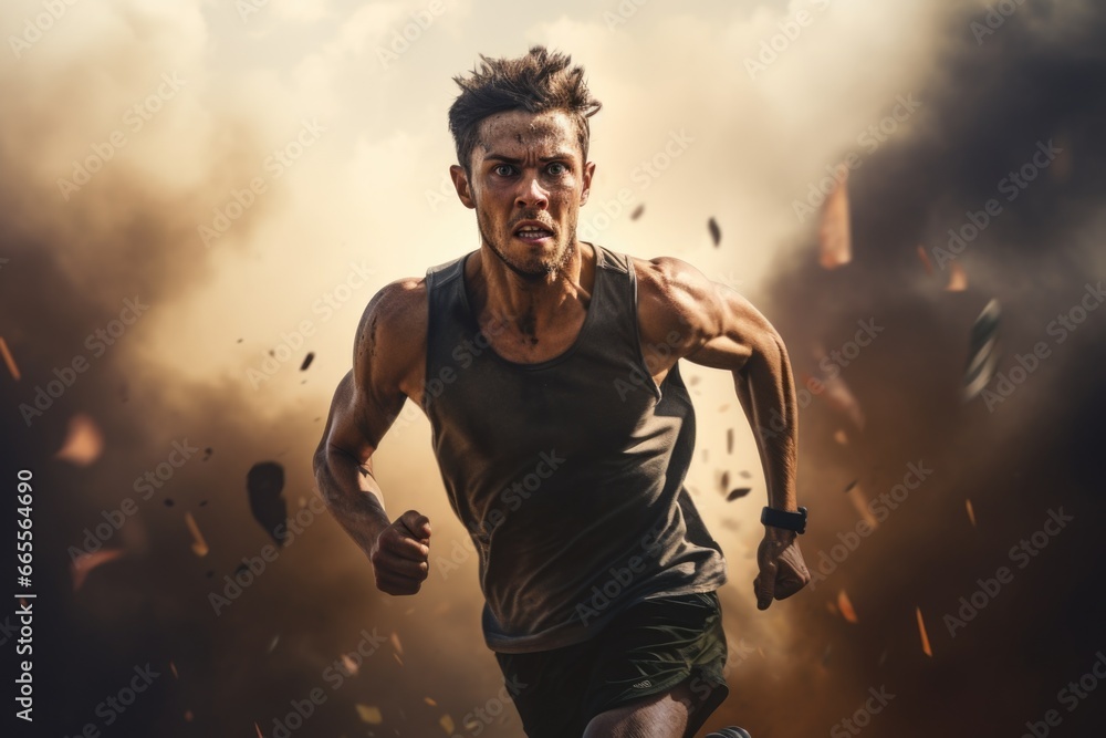 Poster a man is depicted running through a cloud of smoke. this dynamic image captures movement and intensi