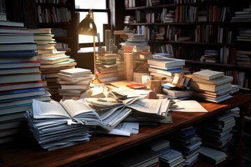 A pile of books sitting on top of a wooden table. This image can be used to represent education,...