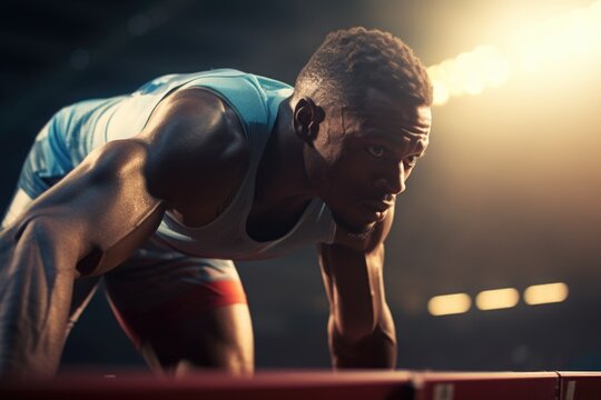 A man wearing a blue tank top leans over a hurdle. This image can be used to depict sports, fitness, or competition