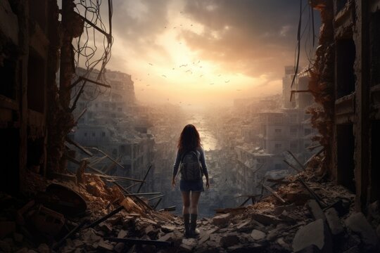 A woman stands in a ruined building, gazing at a beautiful sunset. This image can be used to depict solitude, reflection, or the concept of finding beauty in unexpected places