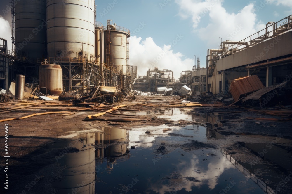 Aufkleber A picture of a polluted industrial area with a large body of water. This image can be used to depict environmental issues and the impact of industrial pollution.