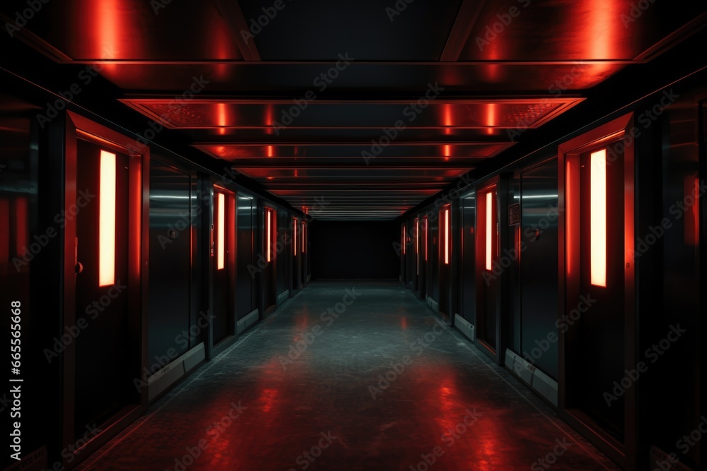 Poster A photograph of a long hallway illuminated by red lights in a building. This image can be used to create a mysterious and eerie atmosphere in various projects.