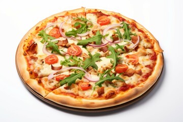 Tasty pizza with vegetables and arugula salad fast dinner meal. Rustic diet italian food. Generate Ai