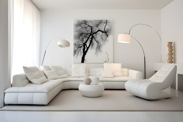 Trendy white living room with modern decoration, simple home decor, generative ai
