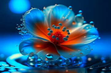 Obraz na płótnie Canvas A beautiful flower in the water, splashing. Macro shooting. AI