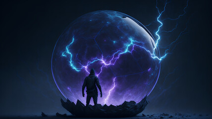 Magic ball, prediction, fantasy, future, gloomy destroyed world, darkness, dark planet. AI	
