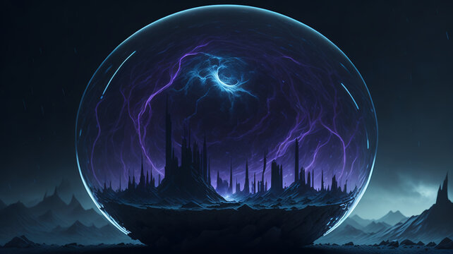 Magic ball, prediction, fantasy, future, gloomy destroyed world, darkness, dark planet. AI	

