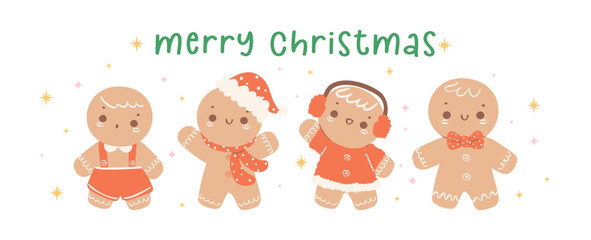 Cute and Kawaii retro Christmas Gingerbread boy Cartoon Character collection, idea for banner and greeting card