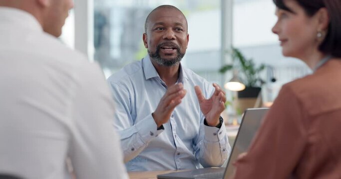 Financial advisor, couple and consultation with computer asset management, offer and choice for investment. Professional advisor or man talking to clients of benefits, insurance and sign up in office