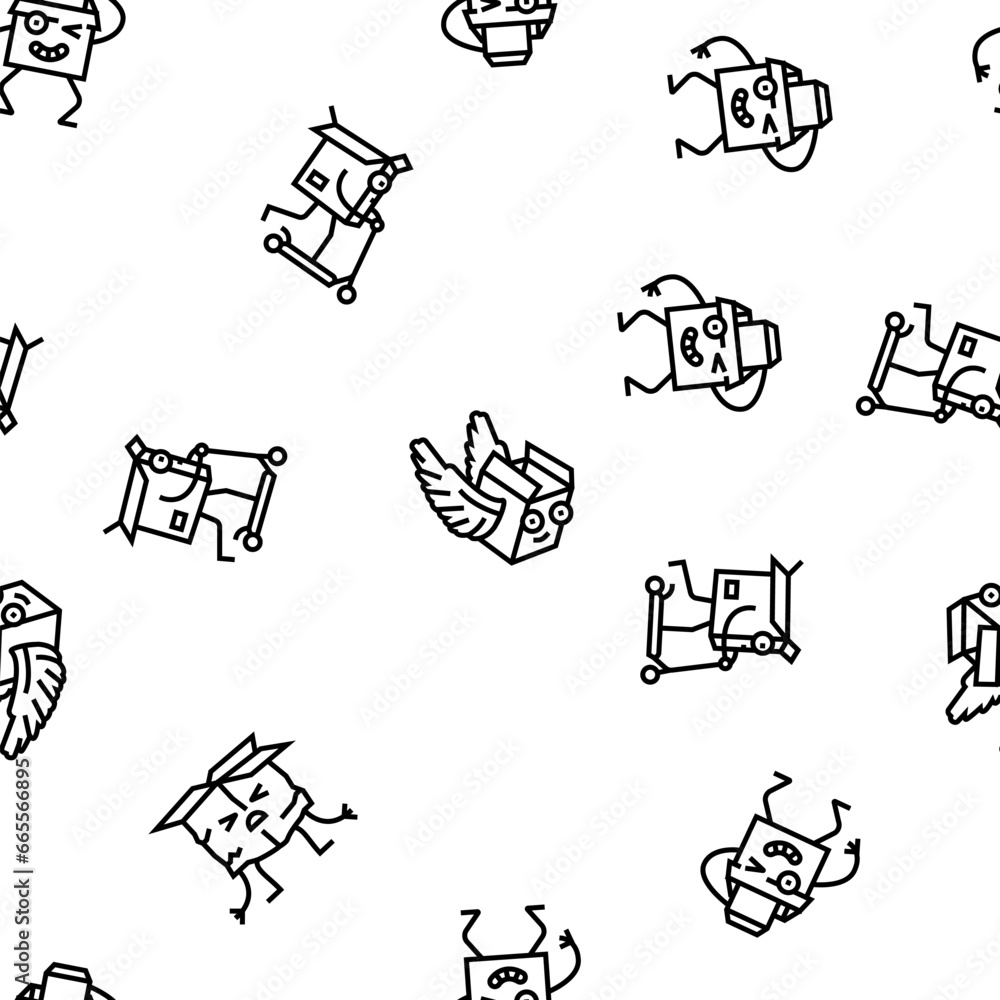 Poster cardboard character box package vector seamless pattern thin line illustration