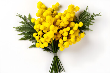 Bouquet of fresh spring yellow flower mimosa isolated on white background, generative AI - obrazy, fototapety, plakaty