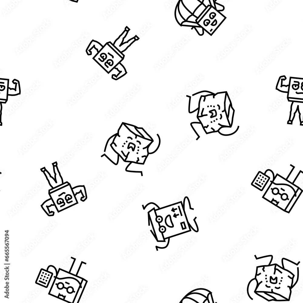 Poster cardboard character box package vector seamless pattern thin line illustration