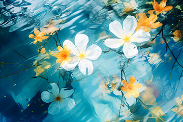 Fototapeta na wymiar transparent white flowers float in transparent water ripples, generative AI